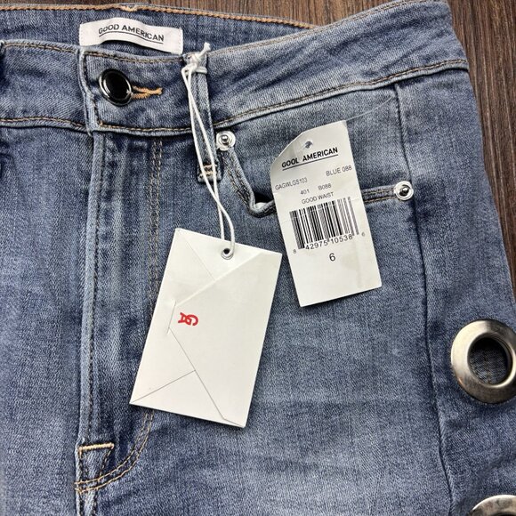 NWT Good American Good Waist Jeans Medium Wash Metal Holes Leg Trim Size 6/28 - Picture 5 of 12